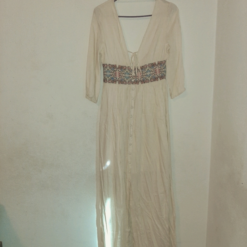 Cream colored boho dress.